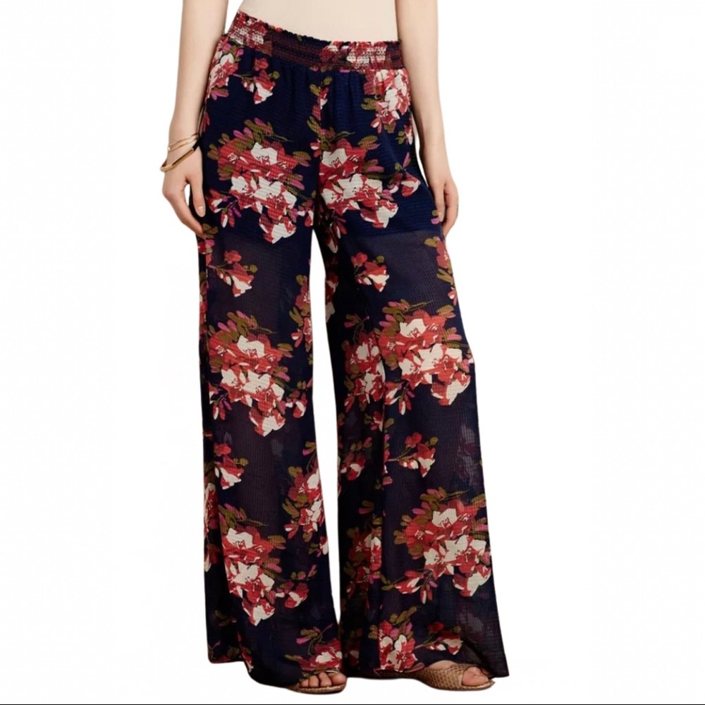 Anthro Elevenses Fire Lily Wide Legs Pants Sheer in blue with red florals size S - Picture 13 of 13